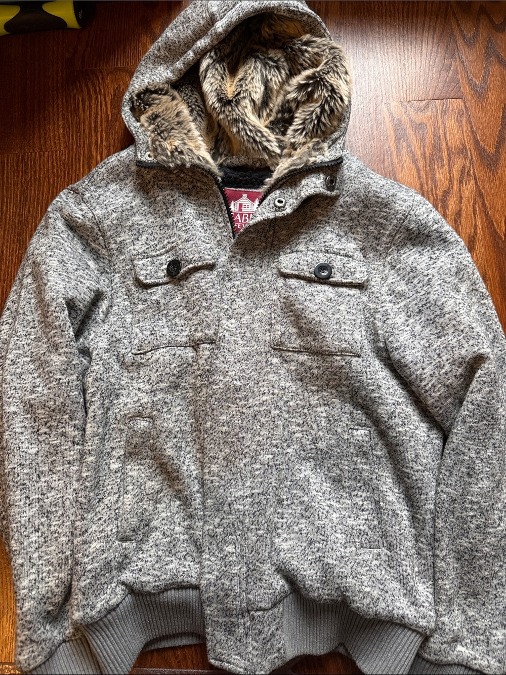 Gray Hooded Bomber Coat with Faux-Fur Lining